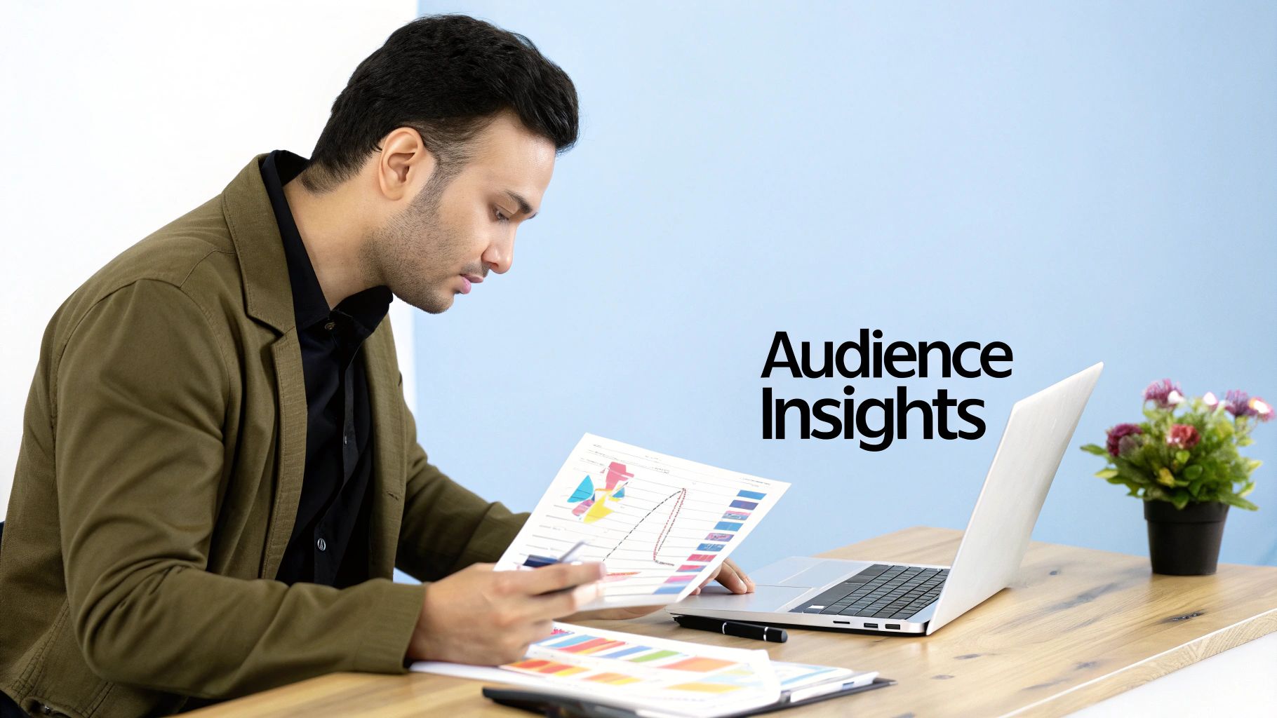 A man analyzing charts and data on paper with a laptop and 'Audience Insights' text visible.