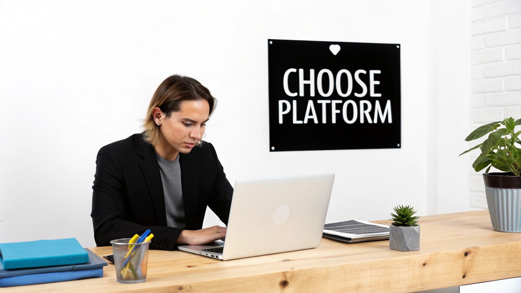 A person working intently on a laptop at a wooden desk with a 'CHOOSE PLATFORM' sign.