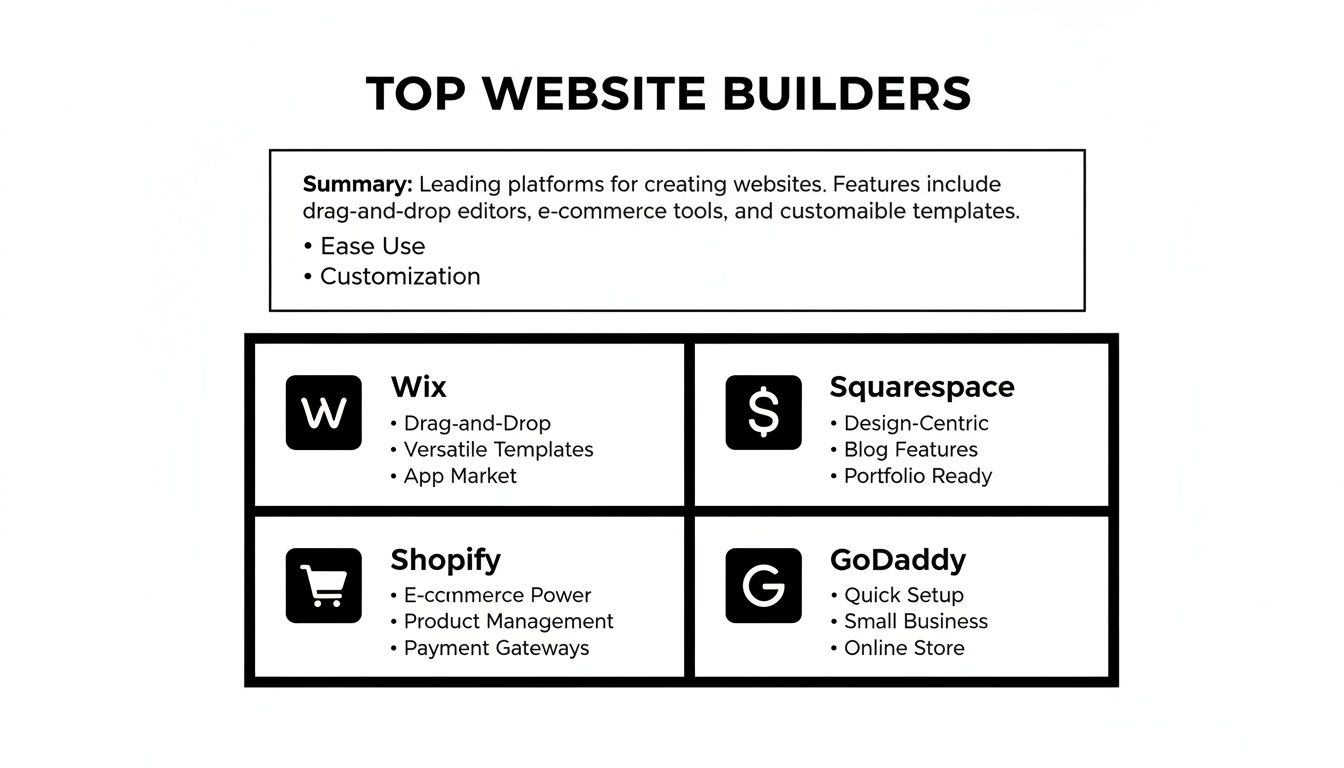 Infographic comparing top website builders like Wix, Squarespace, Shopify, and GoDaddy, detailing their key features.