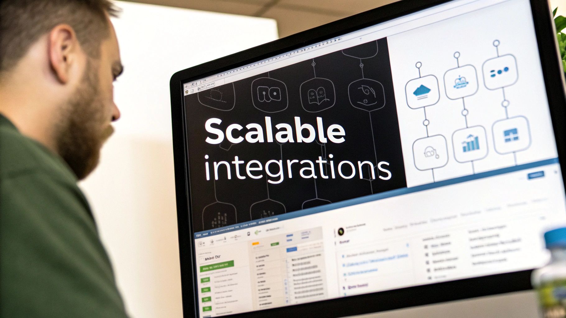 Several puzzle pieces with icons for CRM, ERP, and marketing automation connecting to a central puzzle piece representing an ecommerce platform.