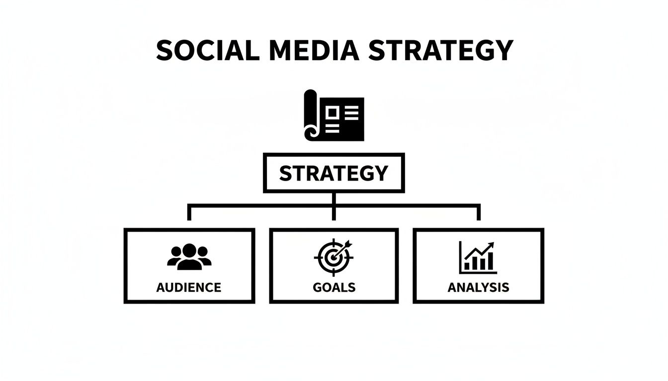 A flowchart illustrating social media strategy with components like audience, goals, and analysis.