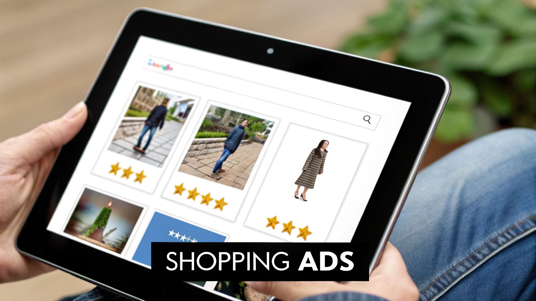 A person holds a tablet displaying shopping ads with various product images and star ratings.