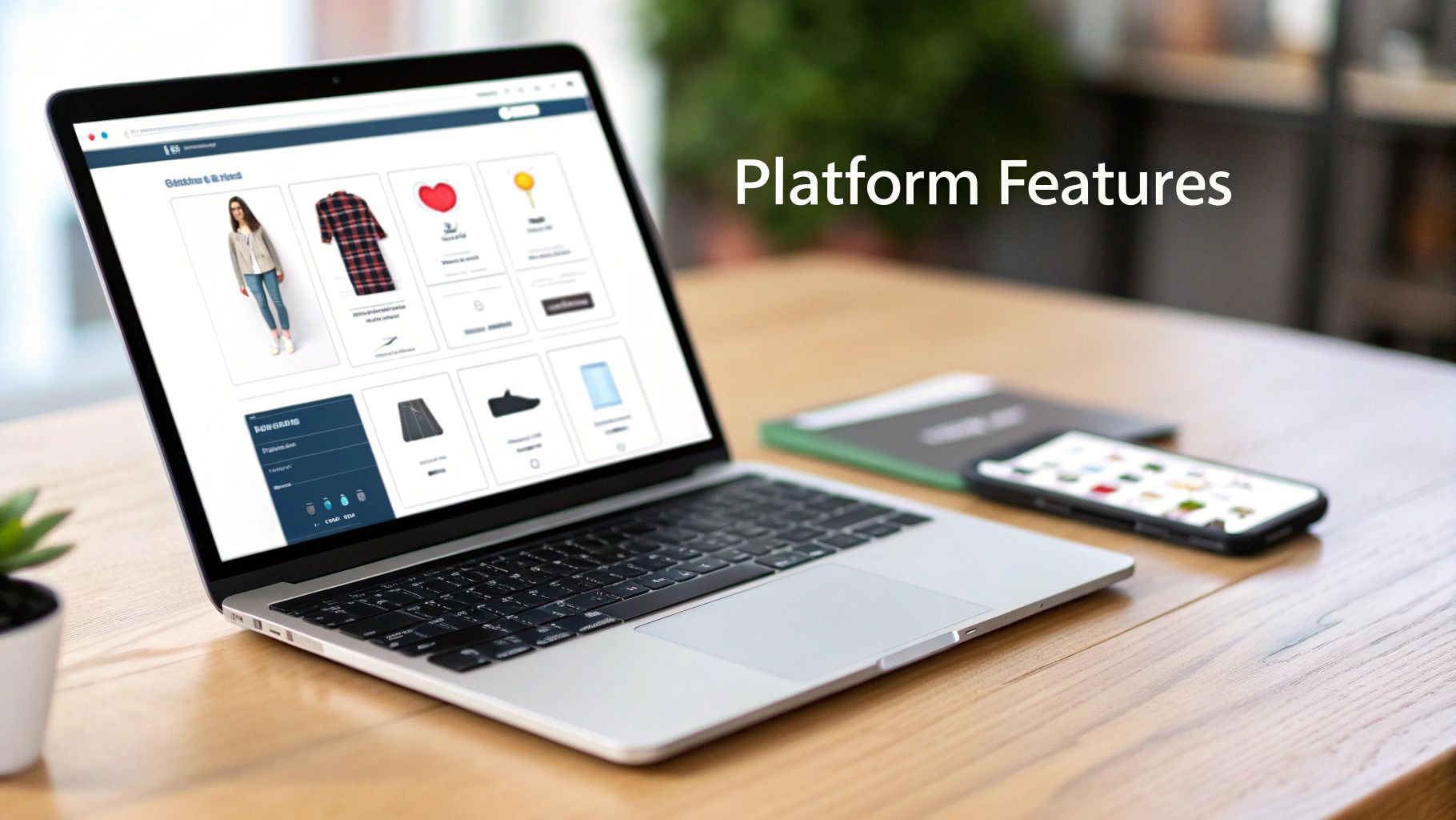 An organized workspace with a laptop displaying an ecommerce platform dashboard, surrounded by product samples and shipping boxes.