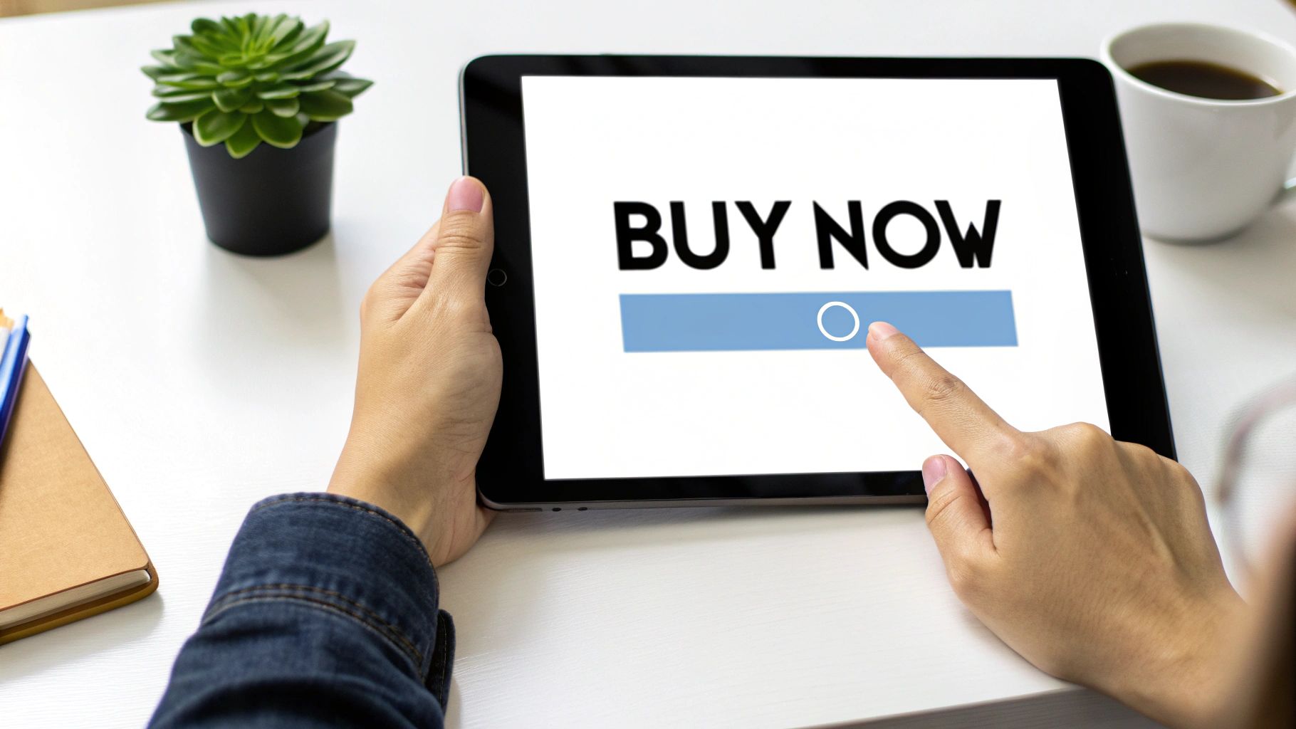 Person's hand tapping a 'Buy Now' button on a tablet screen, symbolizing online shopping.