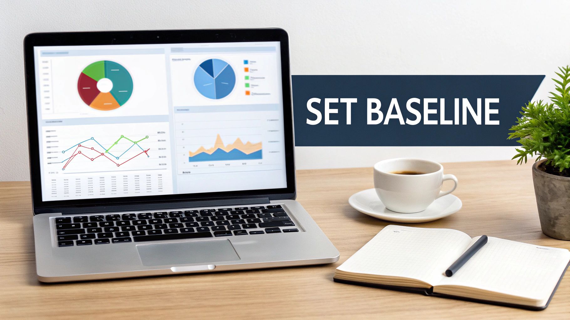 Laptop displaying analytics charts and graphs on a desk with coffee and a notebook, setting a baseline.