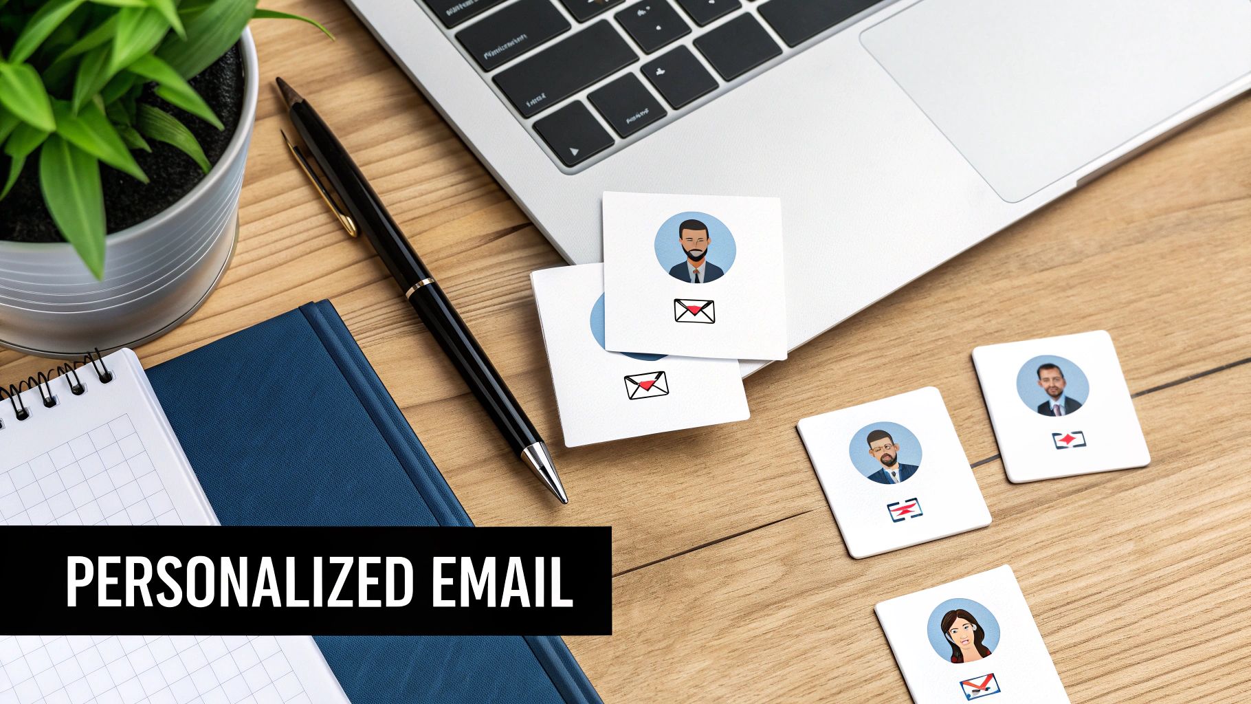Desk with laptop, plant, notebook, pen, and cards showing personalized email profiles.