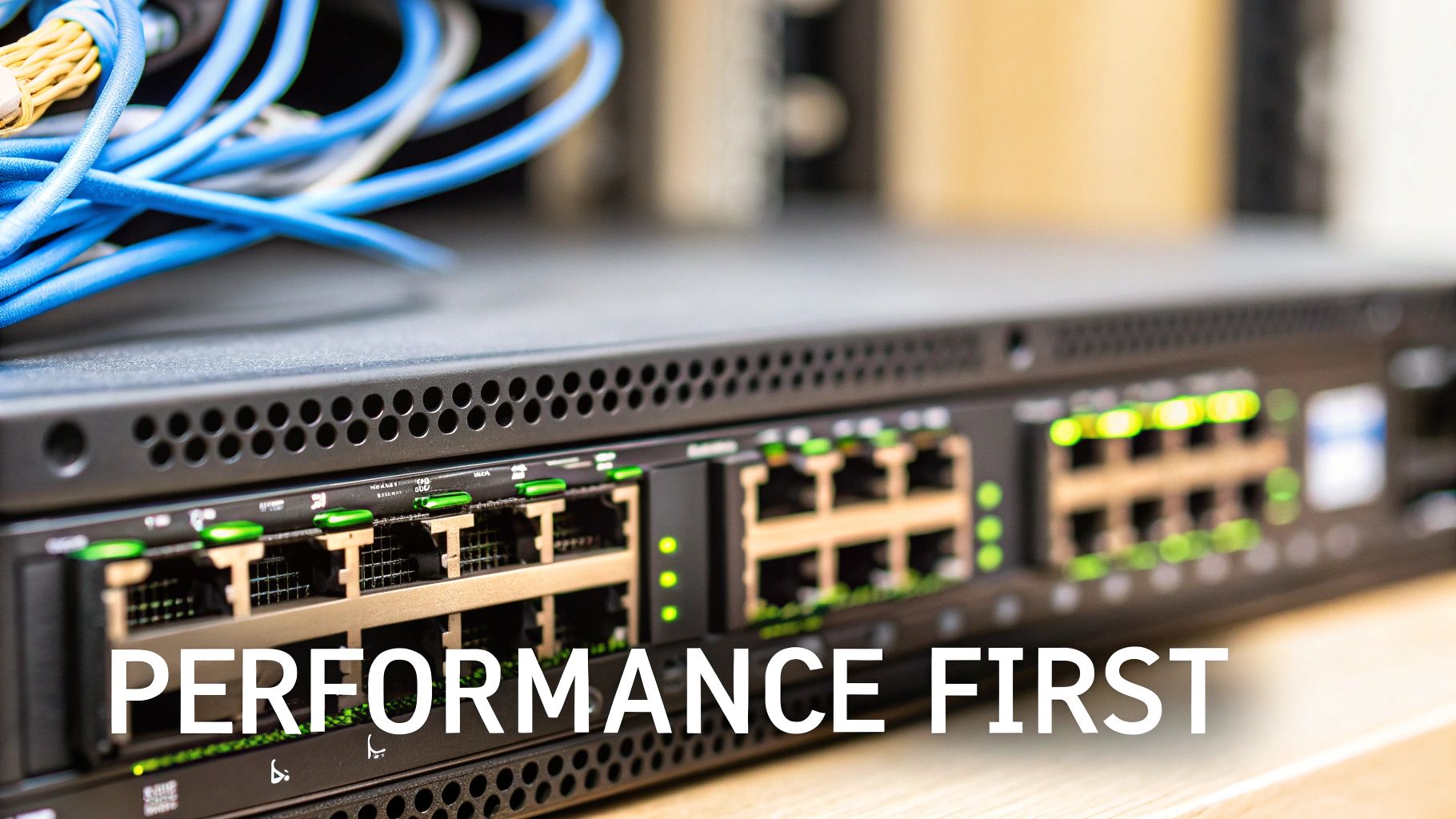 Close-up of a black network switch with glowing green lights, various ports, and blue network cables.