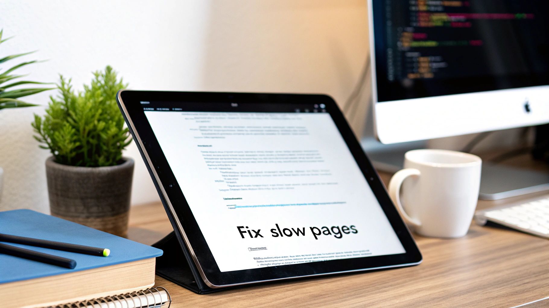 A tablet displaying 'Fix slow pages' on a desk with a plant, notebook, and computer.