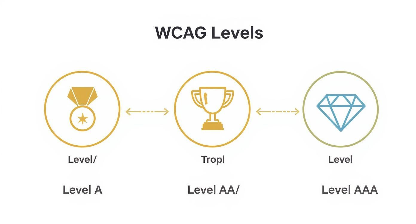 An infographic illustrating WCAG accessibility levels: Level A (medal), Level AA (trophy), and Level AAA (diamond).