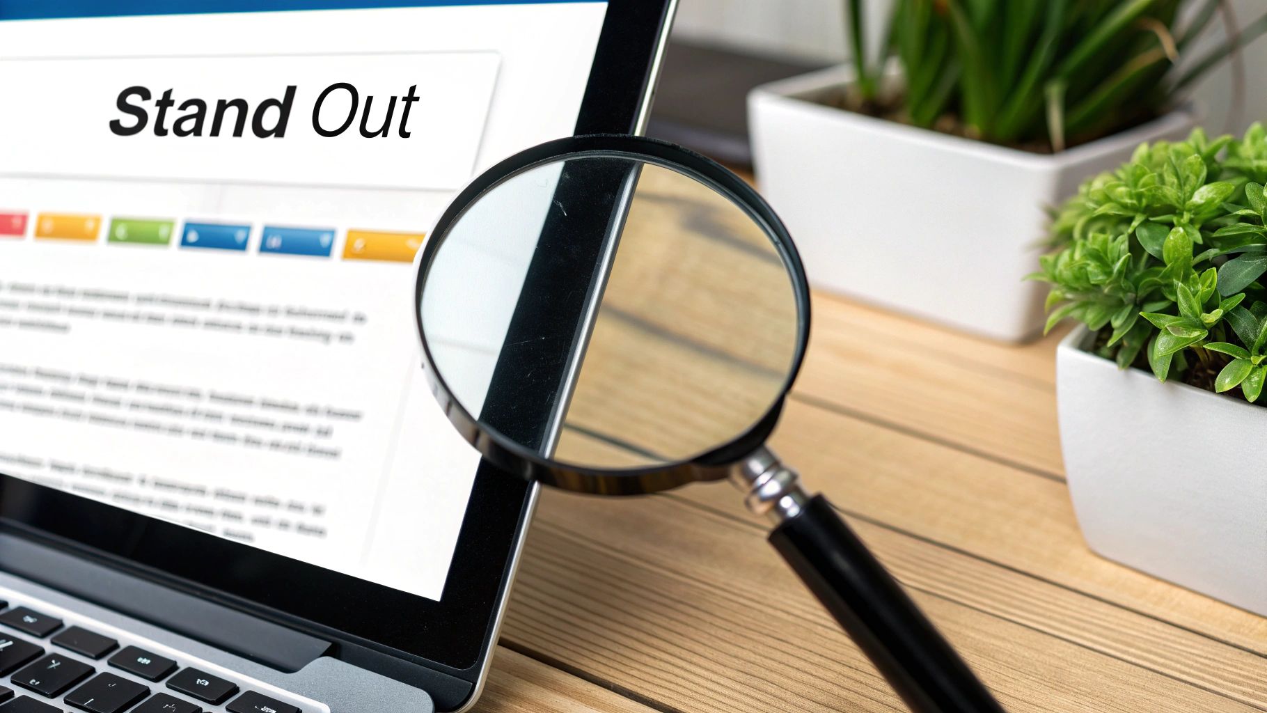 An image showing a magnifying glass over a search engine results page, focusing on rich snippets and standout meta descriptions.