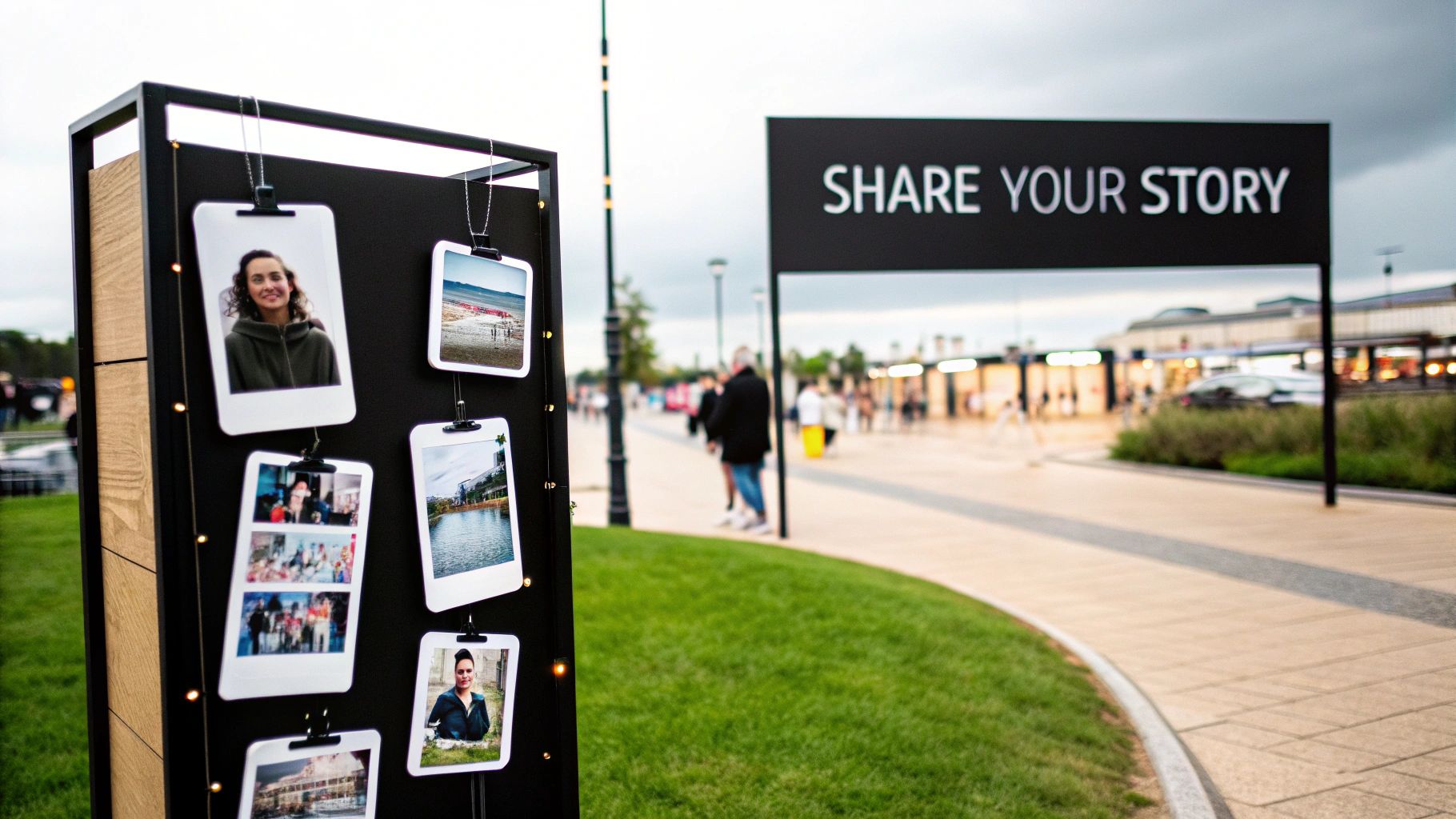 Photos displayed on a black stand next to a 'SHARE YOUR STORY' sign in a public area.