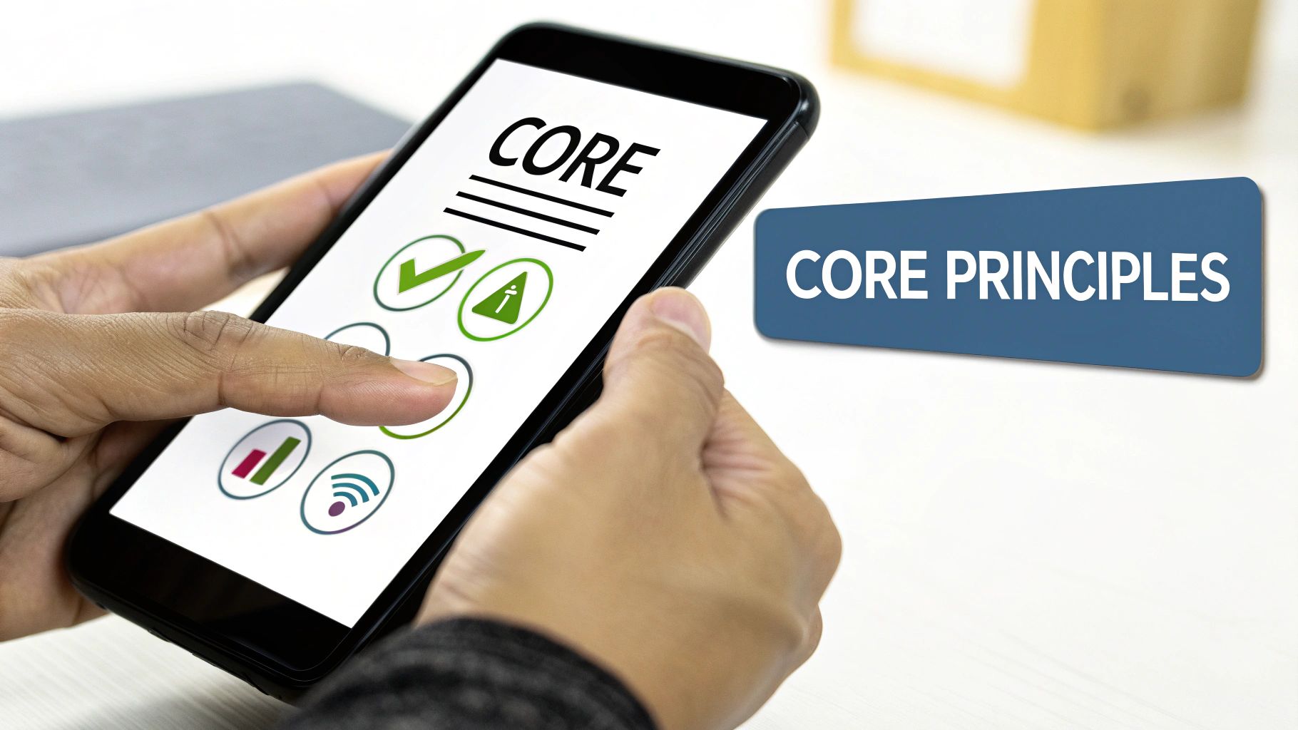 Hands hold a smartphone displaying 'CORE' and icons, next to a sign saying 'CORE PRINCIPLES'.