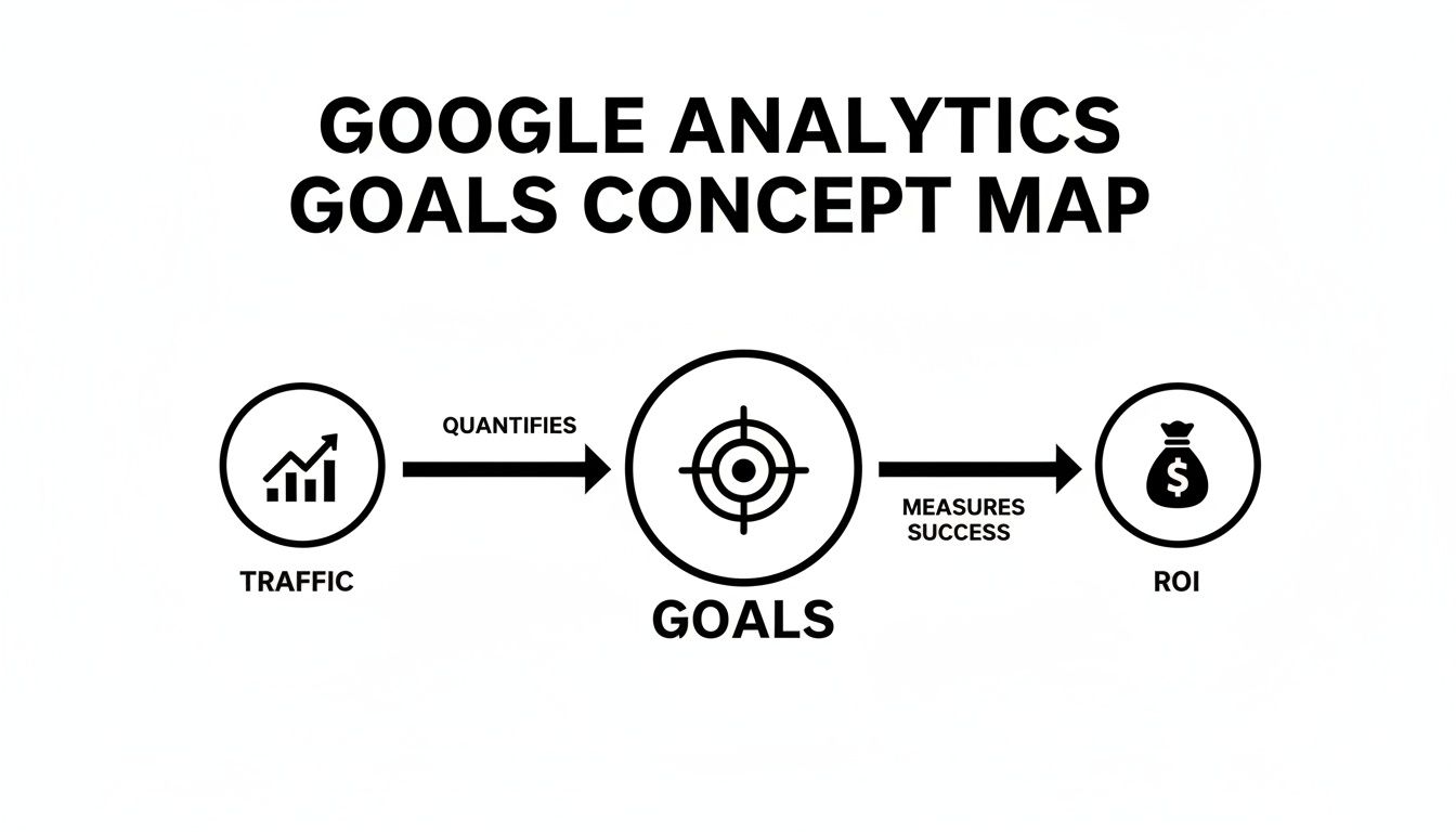 A Google Analytics Goals concept map illustrating the relationship between traffic, goals, and ROI.