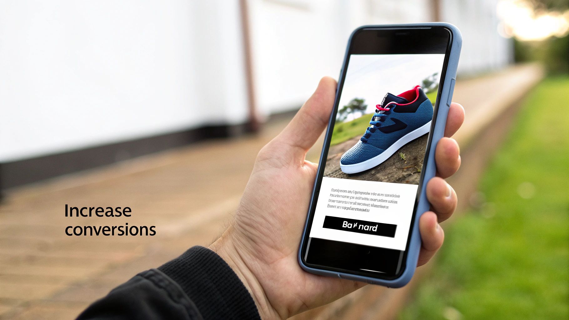 Hand holding smartphone displaying an e-commerce page with a blue sneaker, promoting increased conversions.