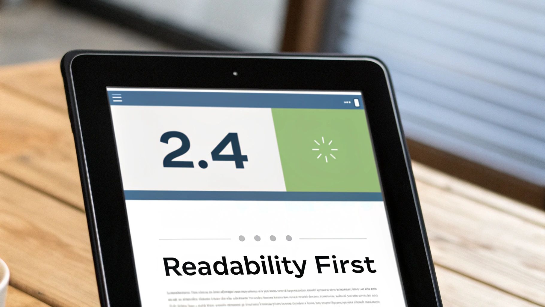 Tablet showing a webpage with '2.4', a loading icon, and the title 'Readability First' on a wooden table.