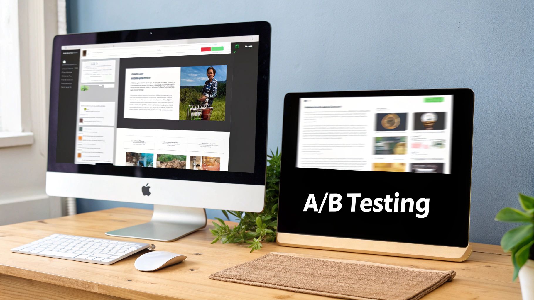 Desktop computer and tablet showing website content on a wooden desk, emphasizing A/B testing.
