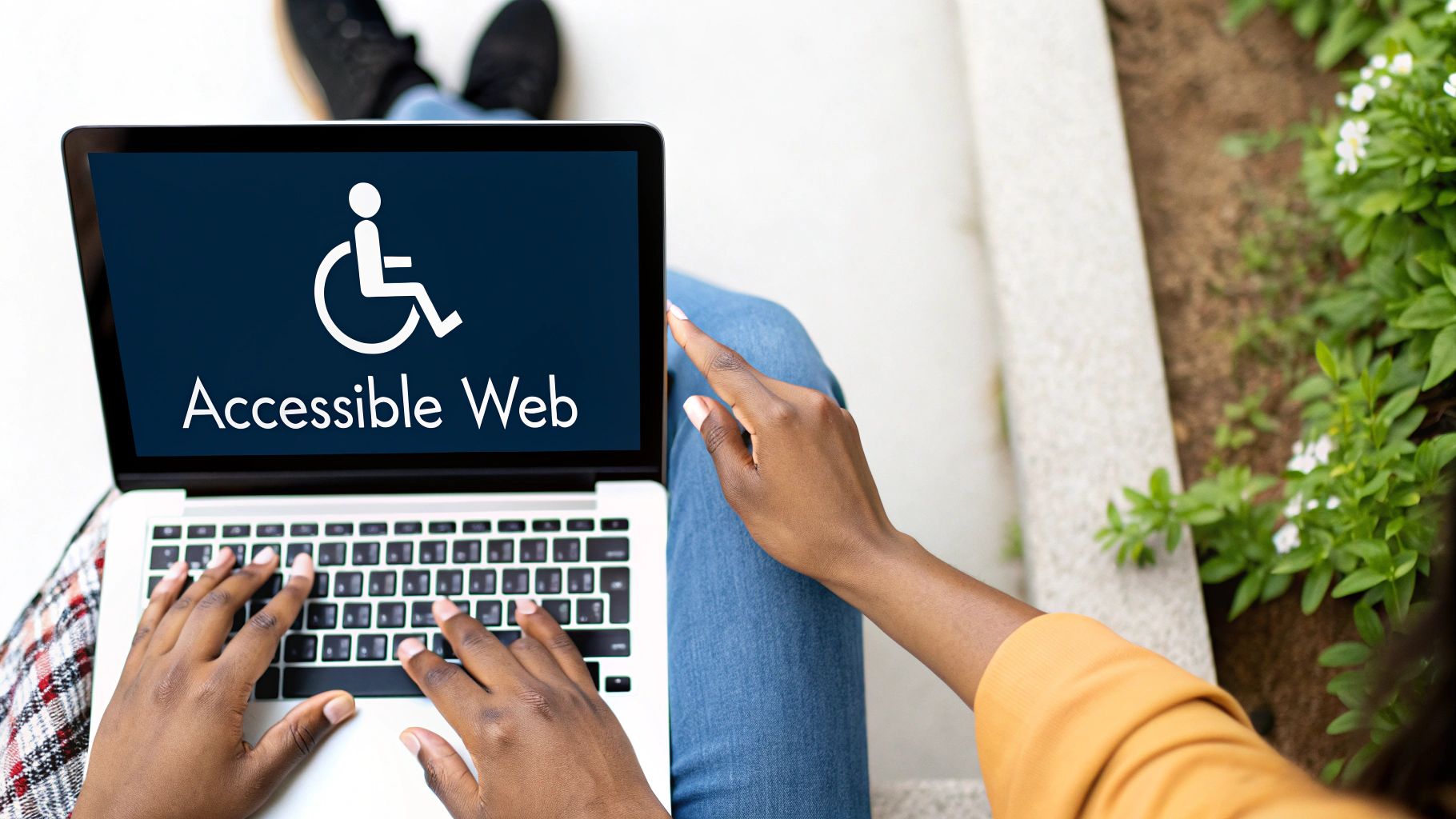 A person types on a laptop displaying "Accessible Web" and a wheelchair icon, highlighting digital accessibility.