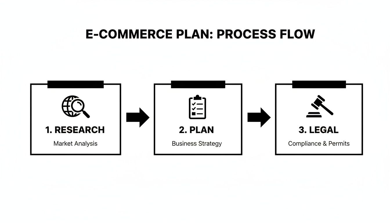 A three-step e-commerce plan process flow diagram with Research, Plan, and Legal stages.