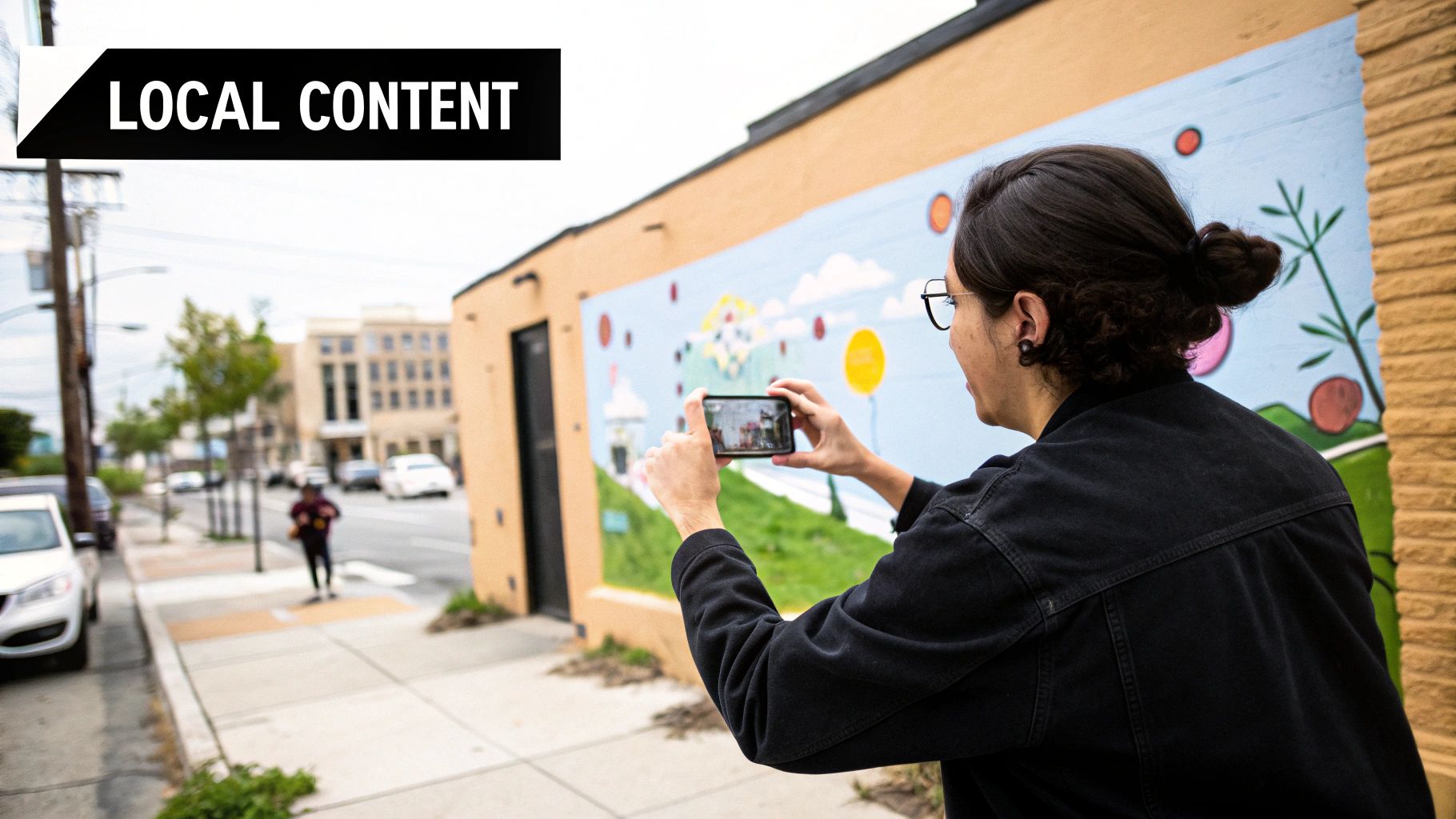 A person photographs a vibrant street mural with a smartphone, capturing local art.