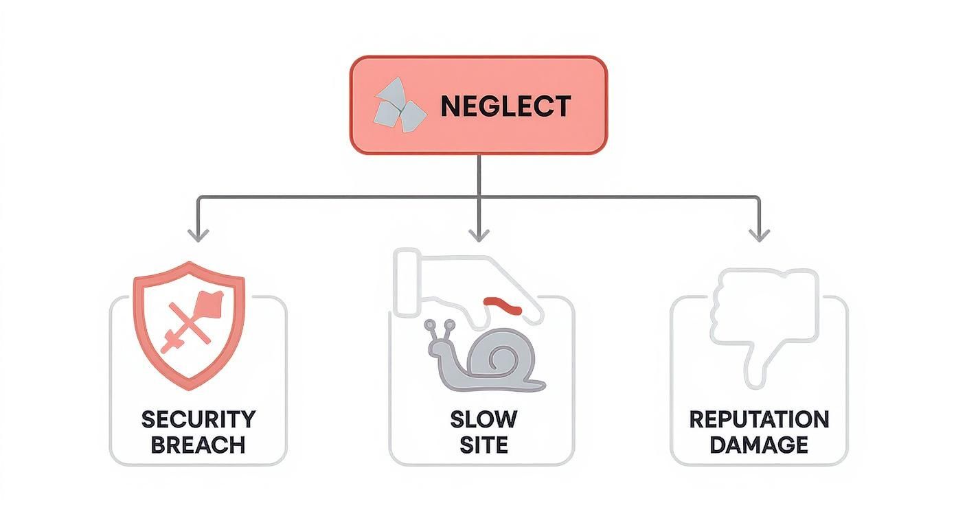 Diagram showing neglect leads to security breach, slow site, and reputation damage consequences