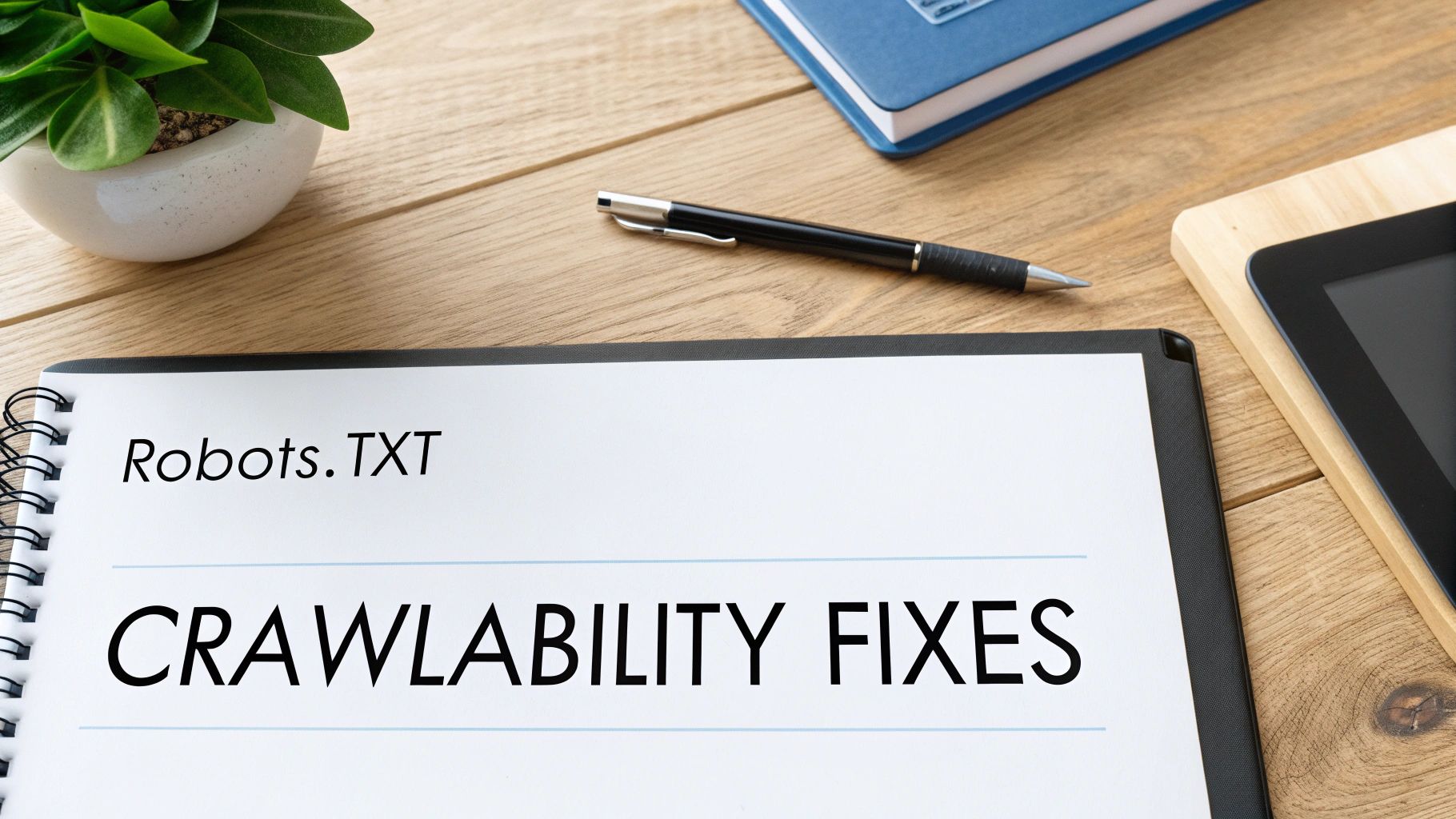 Notebook on a desk displaying 'Robots.TXT CRAWLABILITY FIXES' for technical SEO.