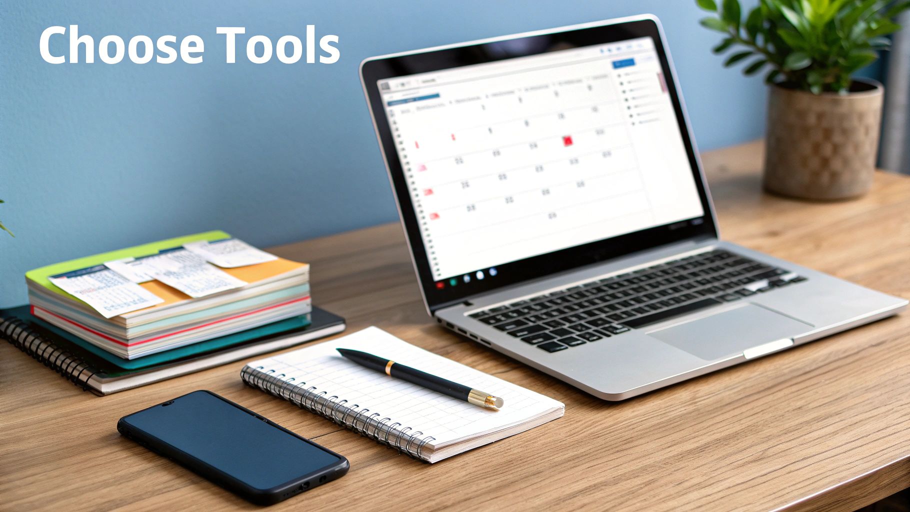 A person's hands organizing cards with different content icons like video, blog, and social media on a large calendar layout.