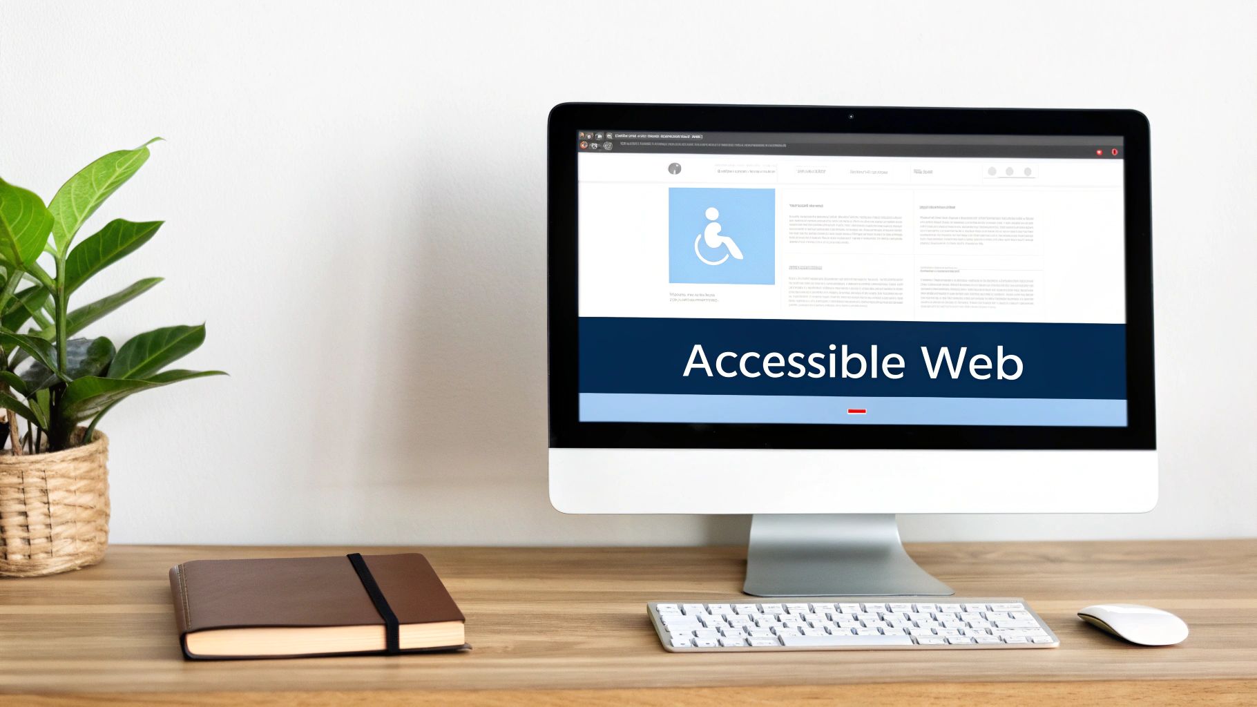 A computer monitor displays an 'Accessible Web' page with a wheelchair icon, next to a plant and notebook on a wooden desk.