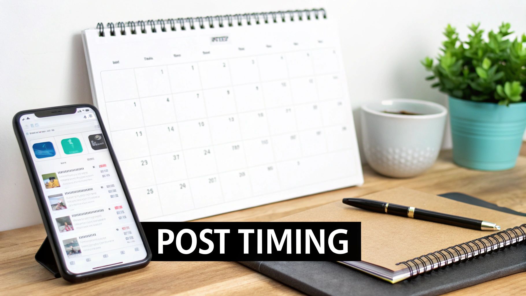 A desk setup featuring a smartphone displaying social media, a calendar, notebook, pen, and coffee, emphasizing post timing.