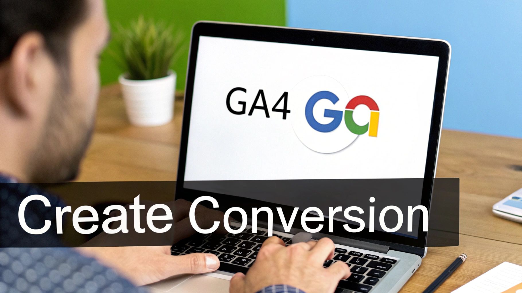 A person is typing on a laptop displaying "GA4 Google" logo and "Create Conversion" text.