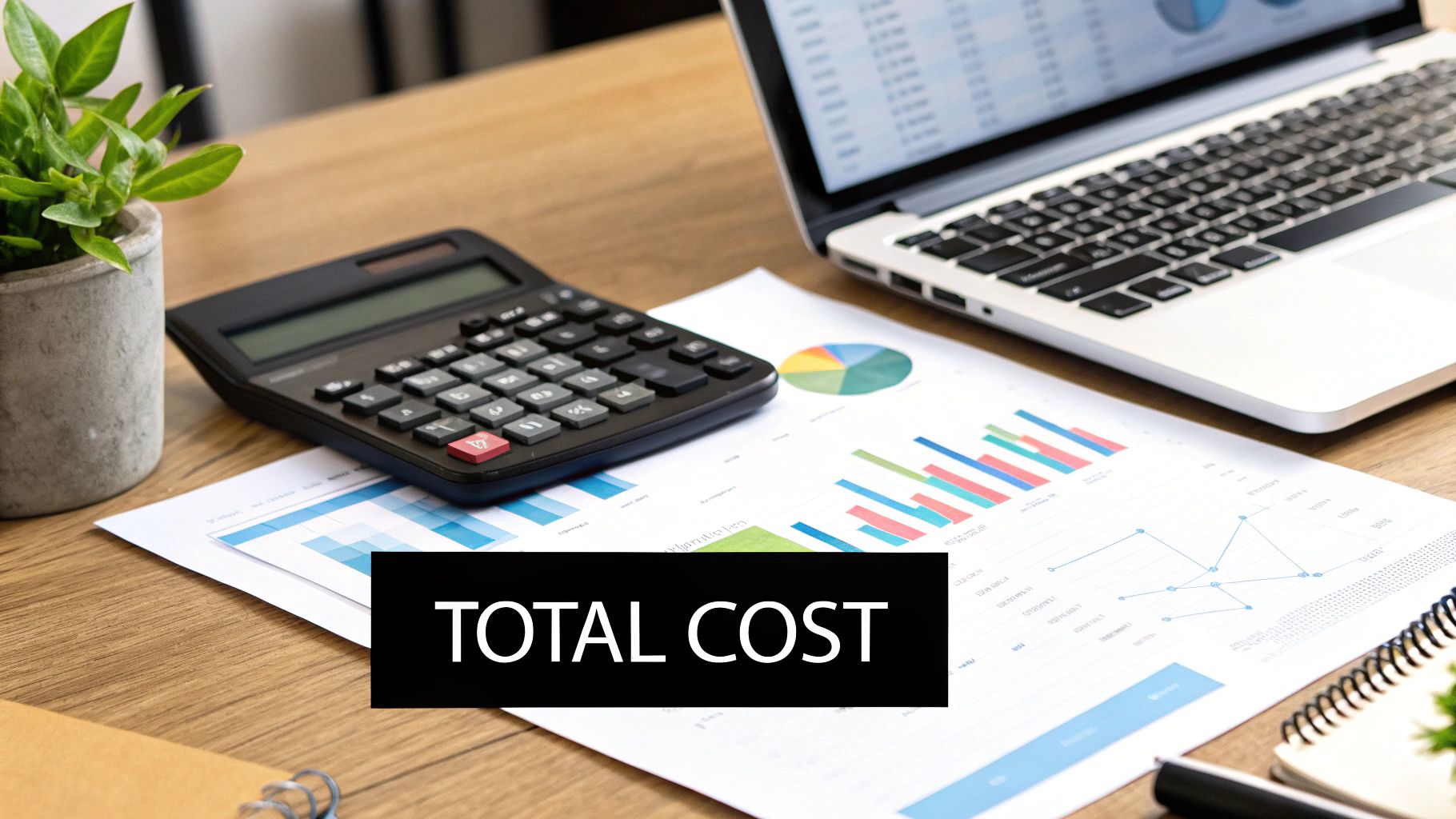 A person using a calculator with receipts and a laptop displaying an online store's financial dashboard in the background.