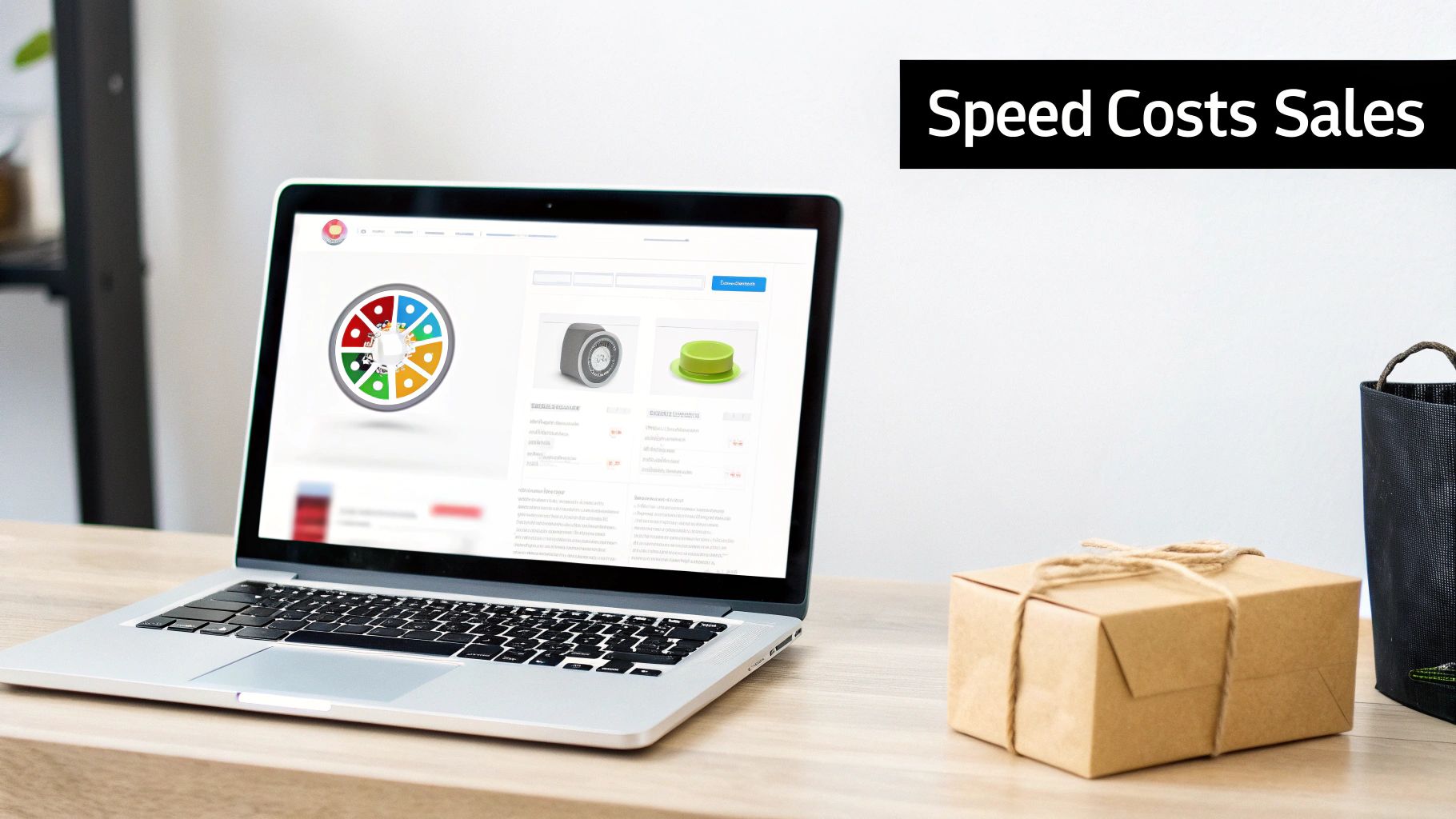 A laptop on a wooden desk showing product images, next to a gift box and a text banner "Speed Costs Sales".