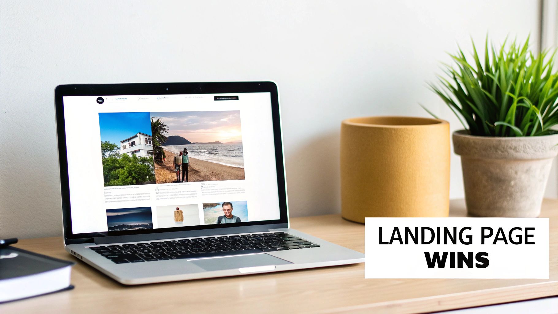 A laptop on a wooden desk displays a landing page with travel photos, alongside a potted plant and a decorative pot.