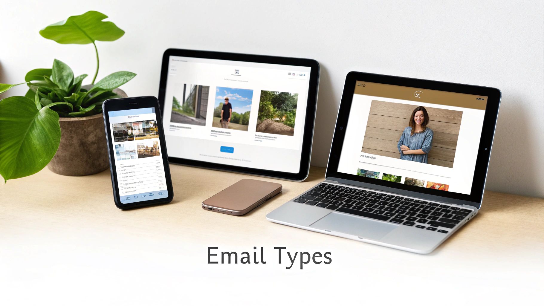 Different email types displayed on a smartphone, tablet, and laptop with a green plant.