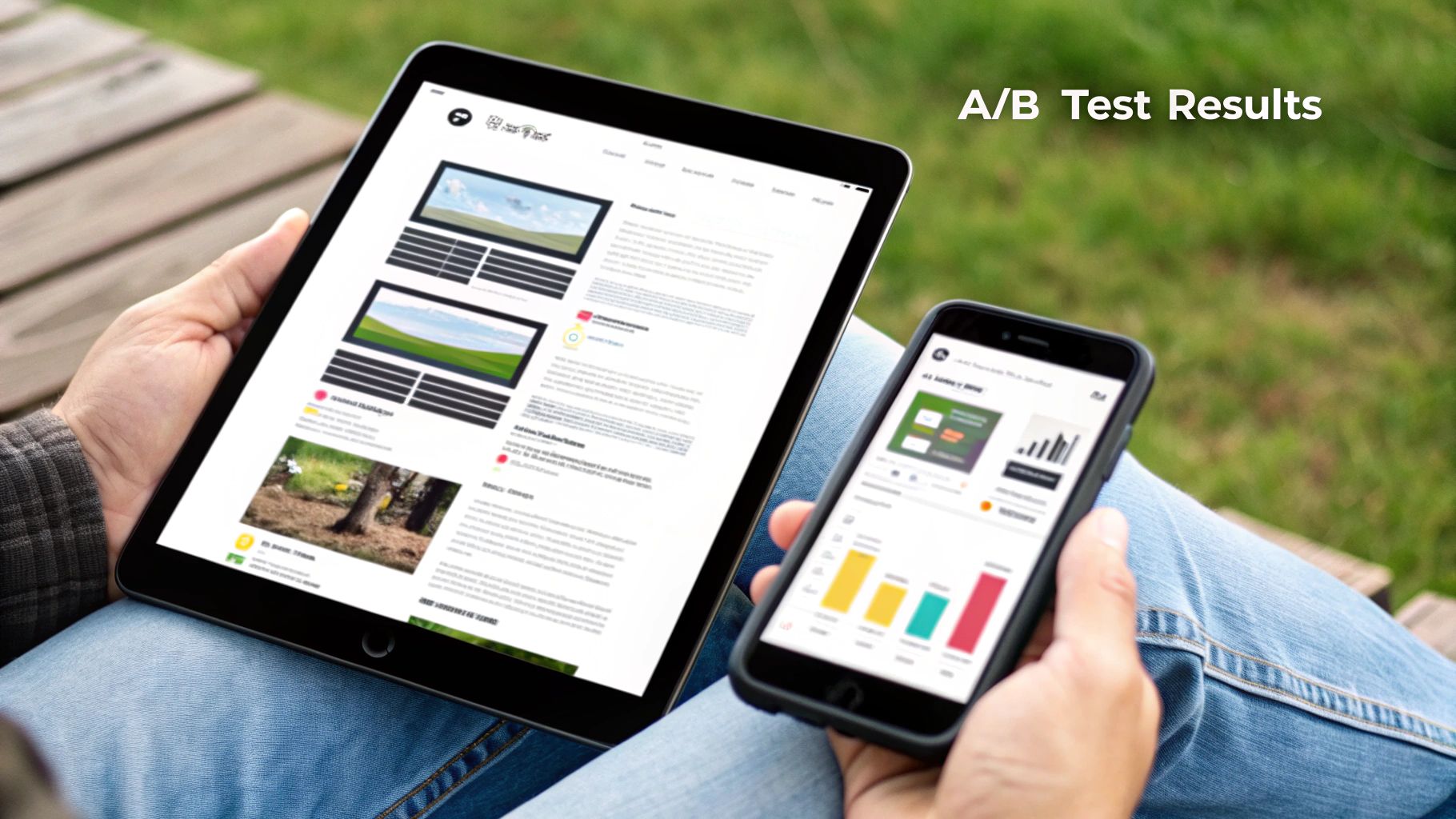A person viewing A/B test results on a tablet and smartphone to improve conversion rate.