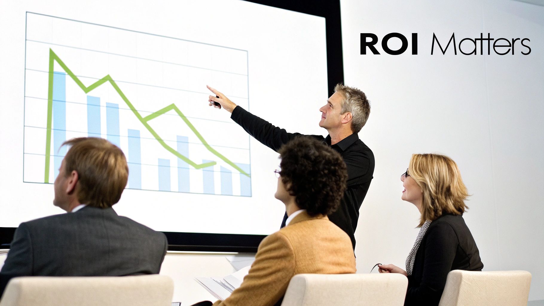 A man presents a business graph showing decline, with 'ROI Matters' text on the wall.