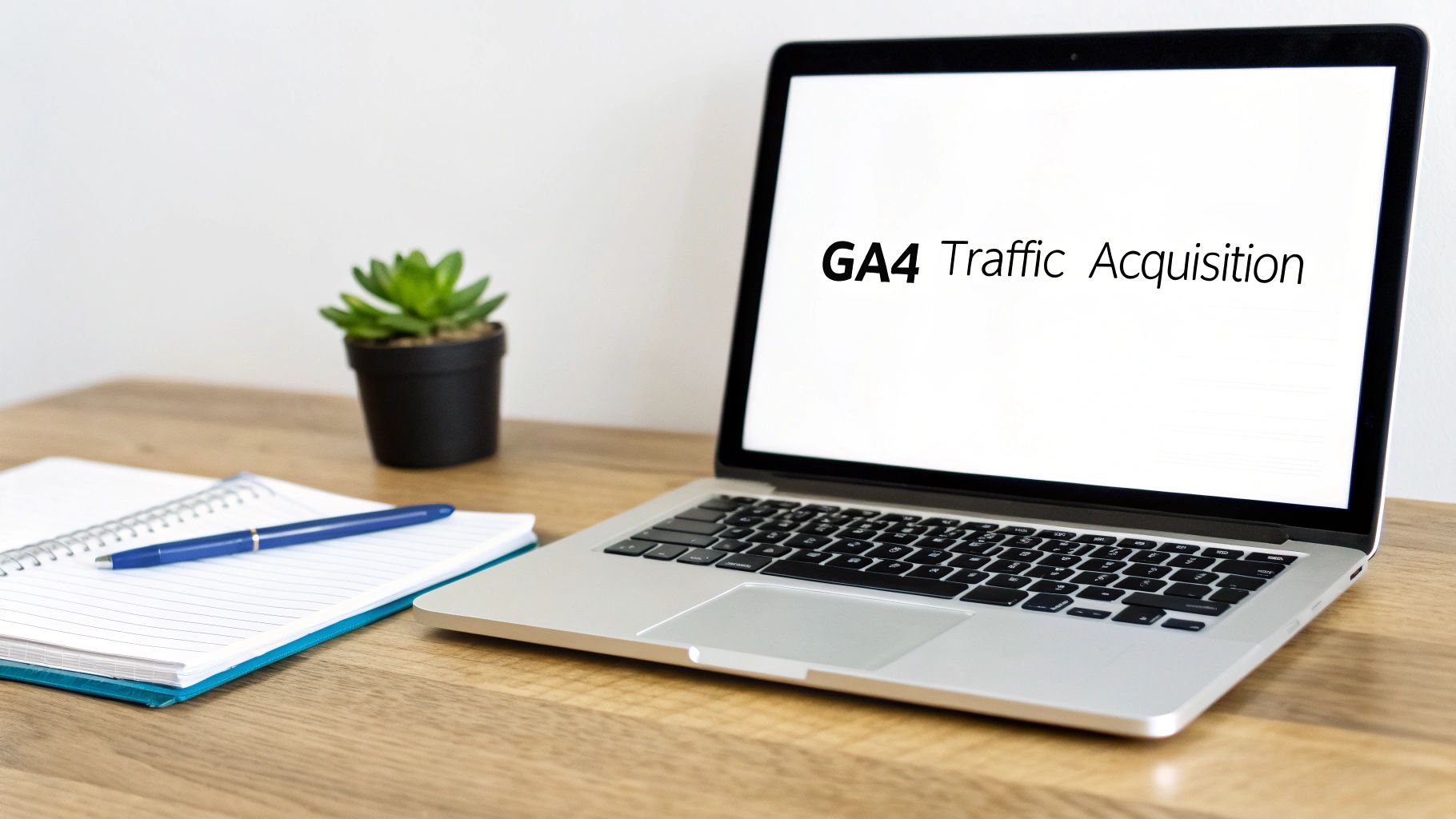 A silver laptop displaying 'GA4 Traffic Acquisition' on a wooden desk with a notebook, pen, and plant.