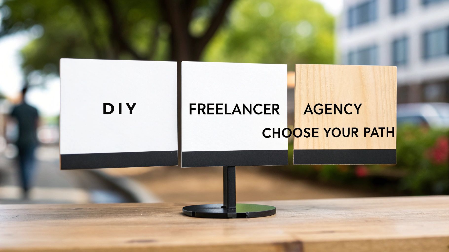 Three signs on a stand present options: DIY, Freelancer, and Agency, urging to 'Choose Your Path'.