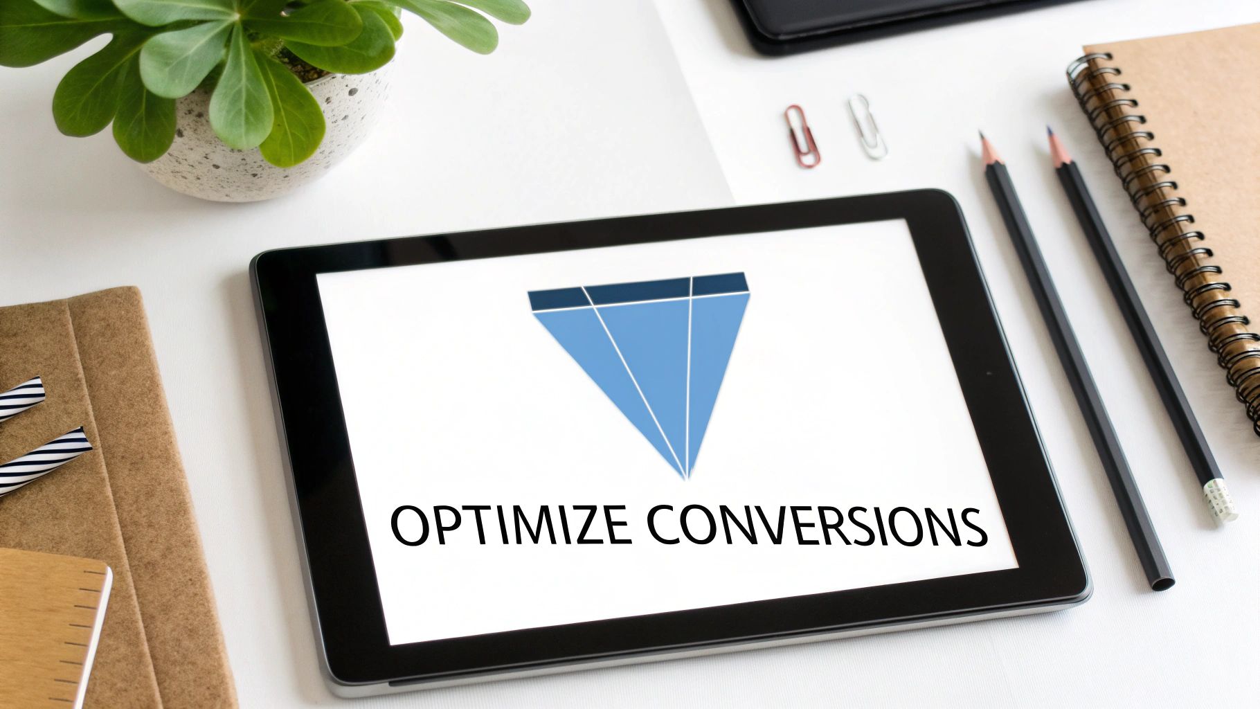A tablet on a white desk displaying 'OPTIMIZE CONVERSIONS' text and a blue pyramid graphic, surrounded by office supplies.
