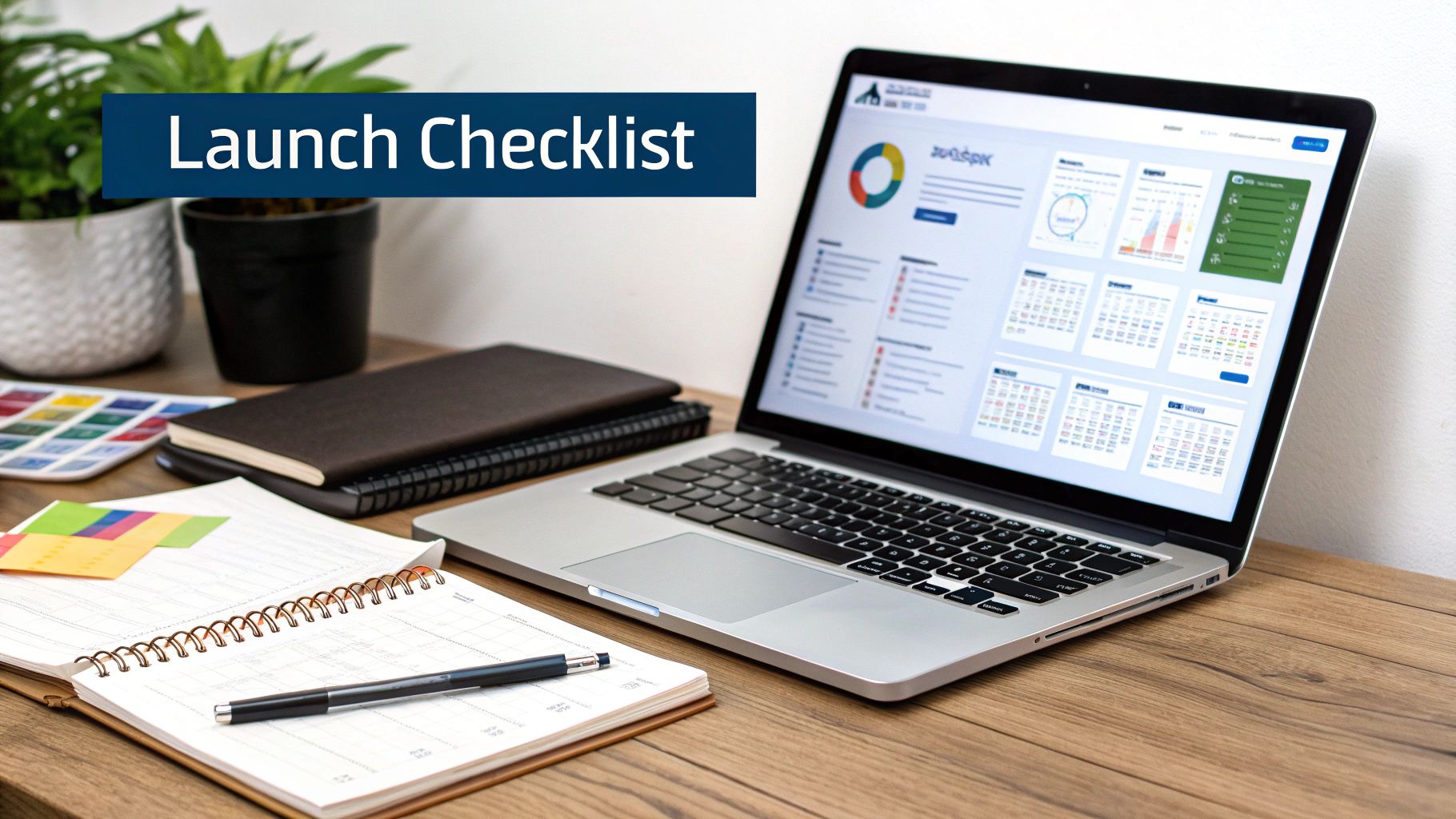 A laptop displaying a 'Launch Checklist' on its screen, surrounded by notebooks, a pen, and plants on a wooden desk.