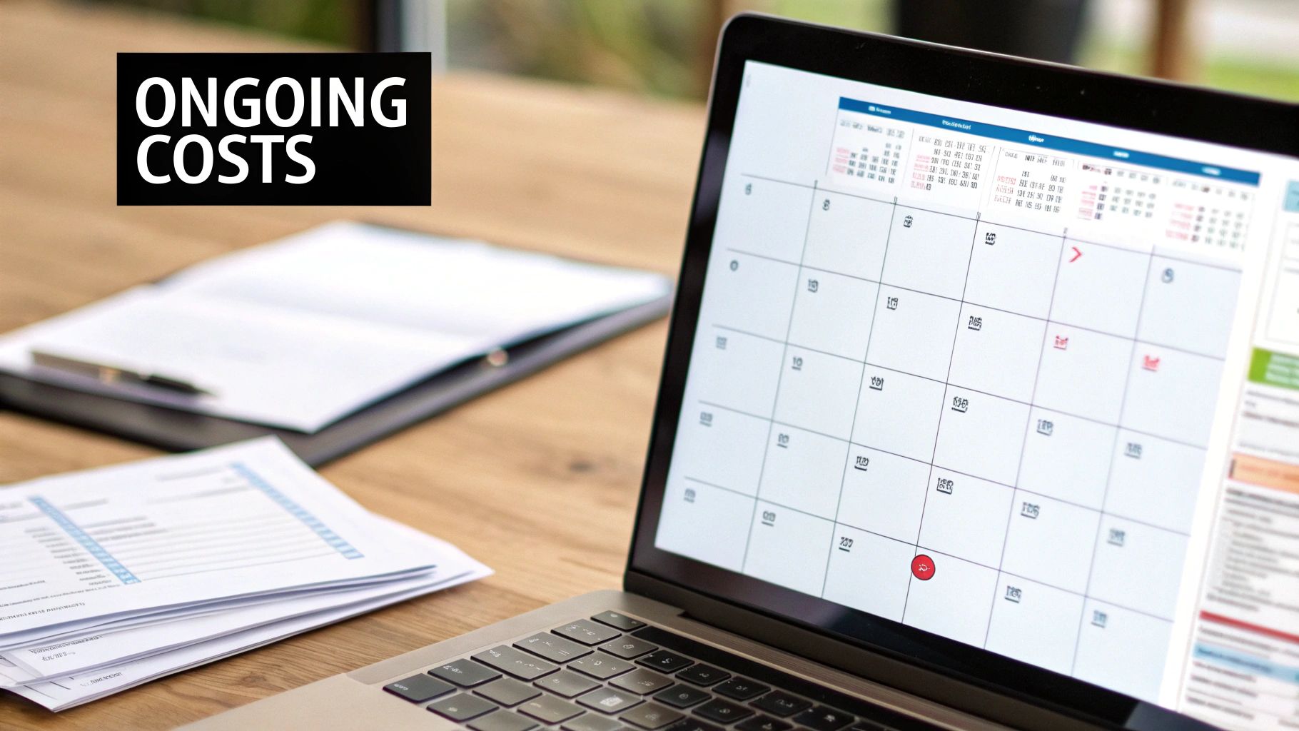 A laptop screen shows a calendar with a marked date, next to papers and a pen, illustrating ongoing costs.