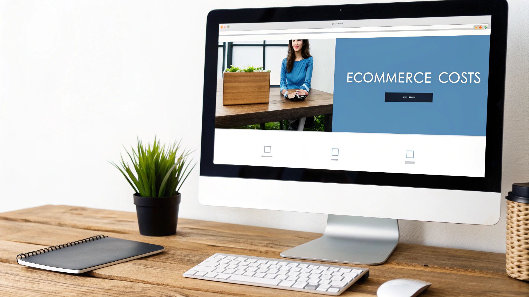 A person sitting at a desk with a laptop, calculator, and coffee, planning their ecommerce website budget.