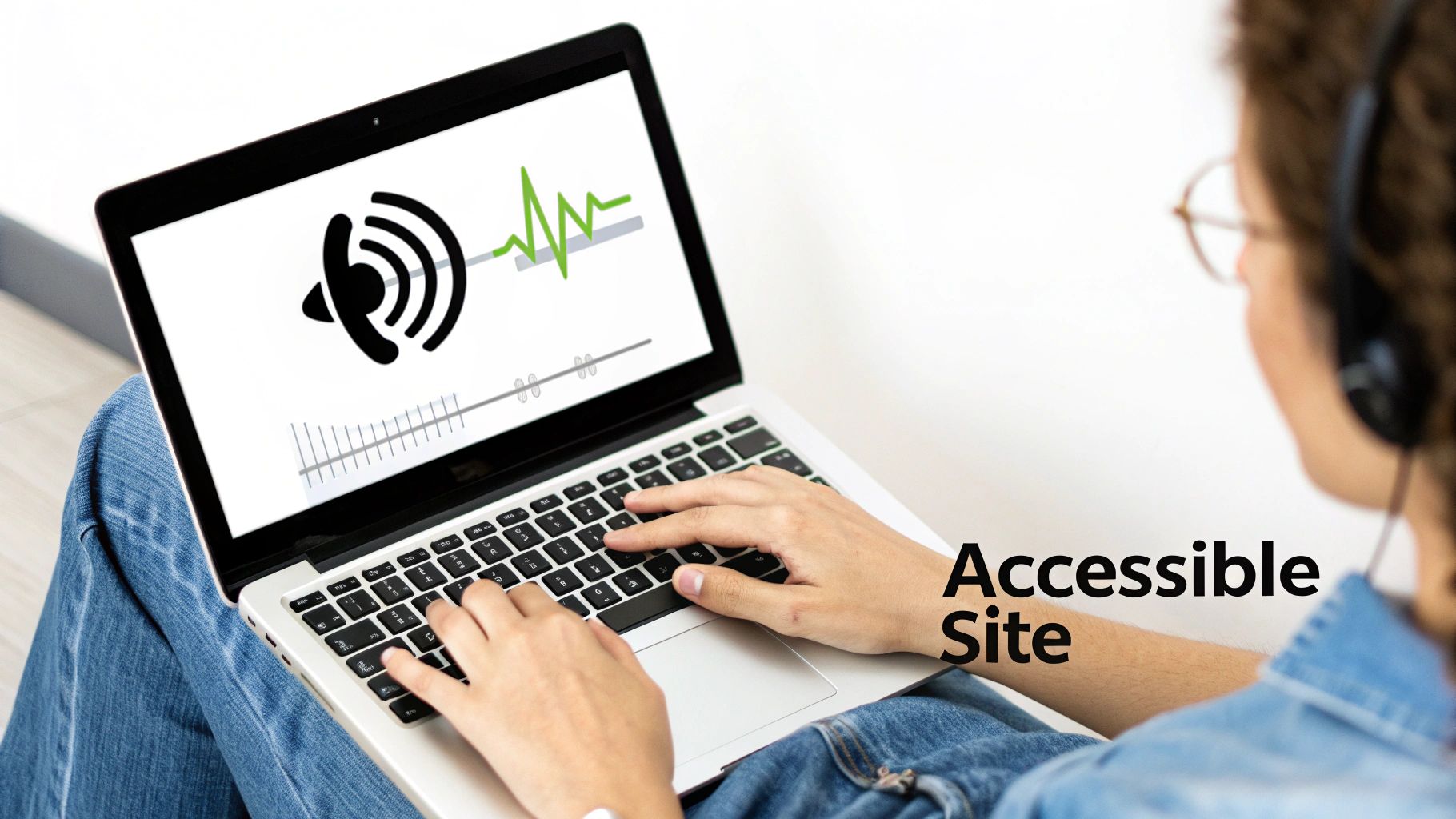 Person using laptop with accessibility icon and audio waveform displaying accessible site features