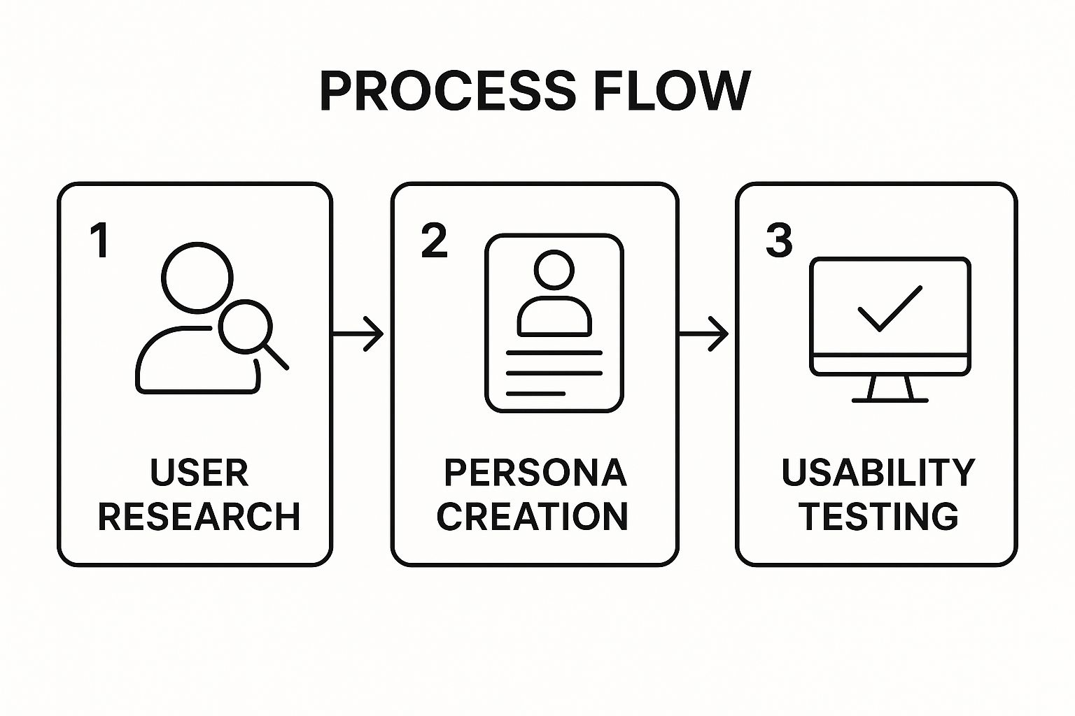 Infographic showing a three-step process flow for User-Centered Design: Step 1 is User Research, leading to Step 2, Persona Creation, which then leads to Step 3, Usability Testing.
