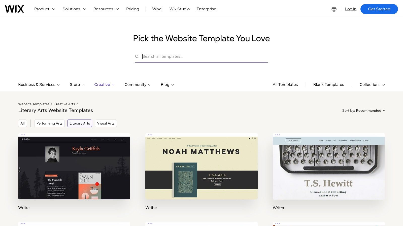 A grid of professional-looking author website templates available on the Wix platform, showcasing different styles for poets, writers, and authors.