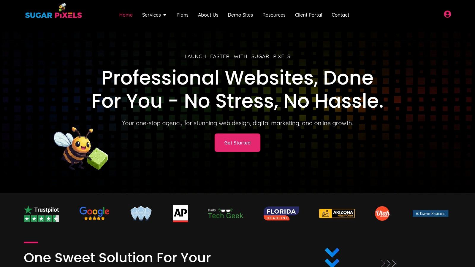 A screenshot of the Sugar Pixels agency website, showcasing their branding and service offerings.