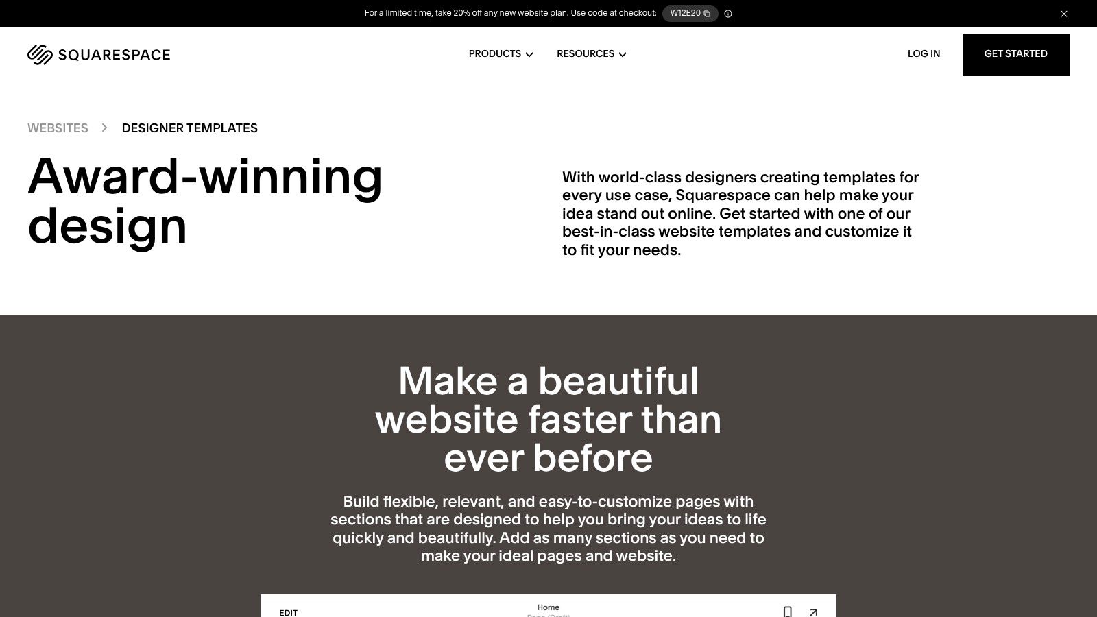 A grid of elegant and minimalist website templates from Squarespace, suitable for authors and creative professionals.