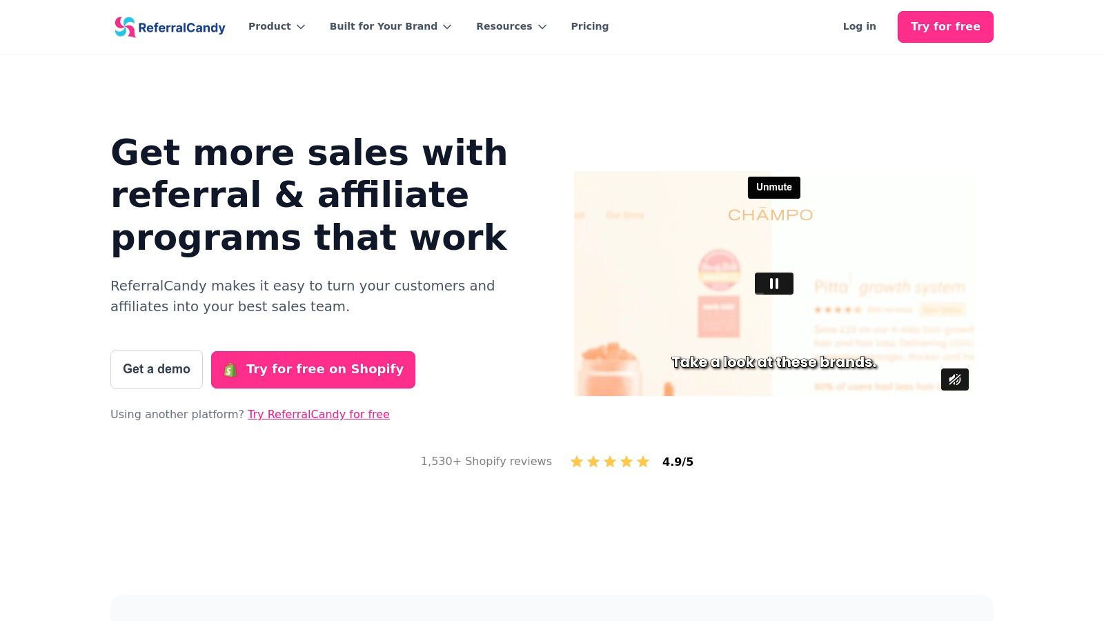 ReferralCandy's homepage showcasing its focus on ecommerce referral programs.