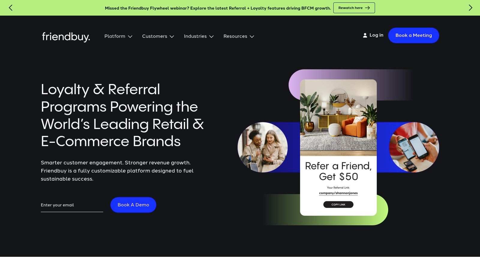 Friendbuy's homepage highlighting its focus on enterprise-level referral marketing.