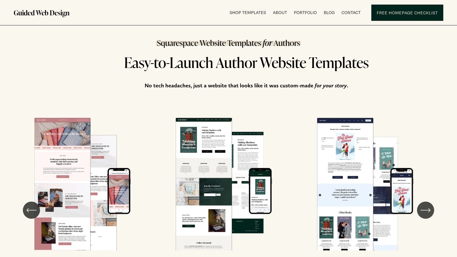 A screenshot of the Guided Web Design website, showcasing their premium, author-focused Squarespace templates with elegant layouts and book cover displays.