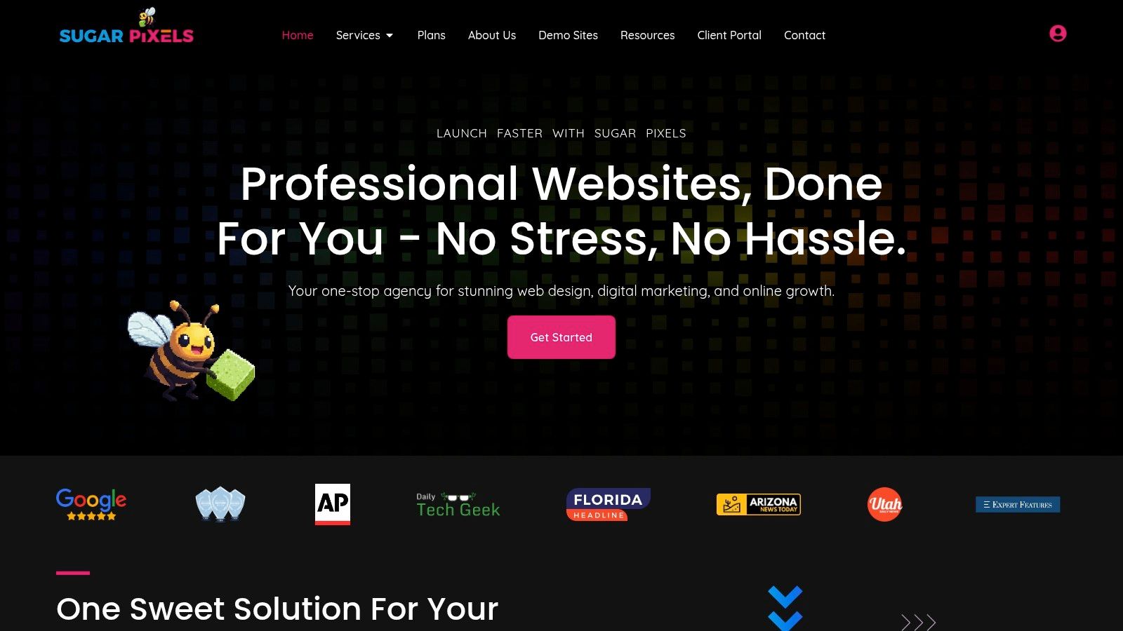 Sugar Pixels' website showcasing a clean design and clear value proposition